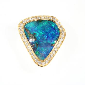 Blue-Green Boulder Opal and Diamonds in 750 Yellow Gold Pendant